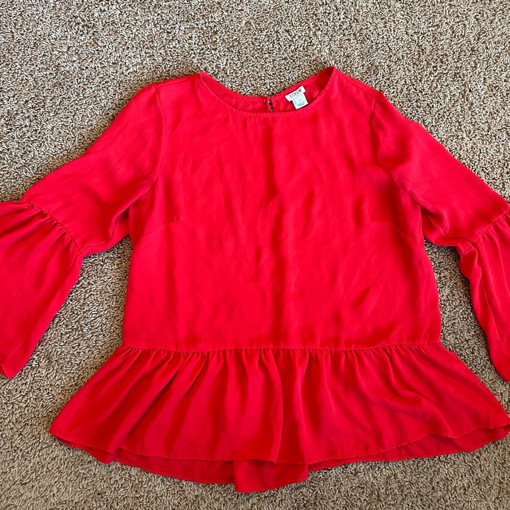J. Crew Red Peplum Blouse With Bell Sleeves Size Small